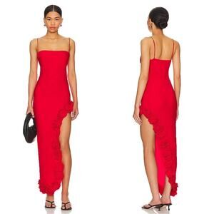 MAJORELLE Montauk Floral Rosette High Thigh Slit Red Maxi Gown Size Small